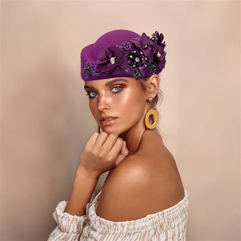 vintage womens felt beret hat floral decorations lightweight  display picture 1