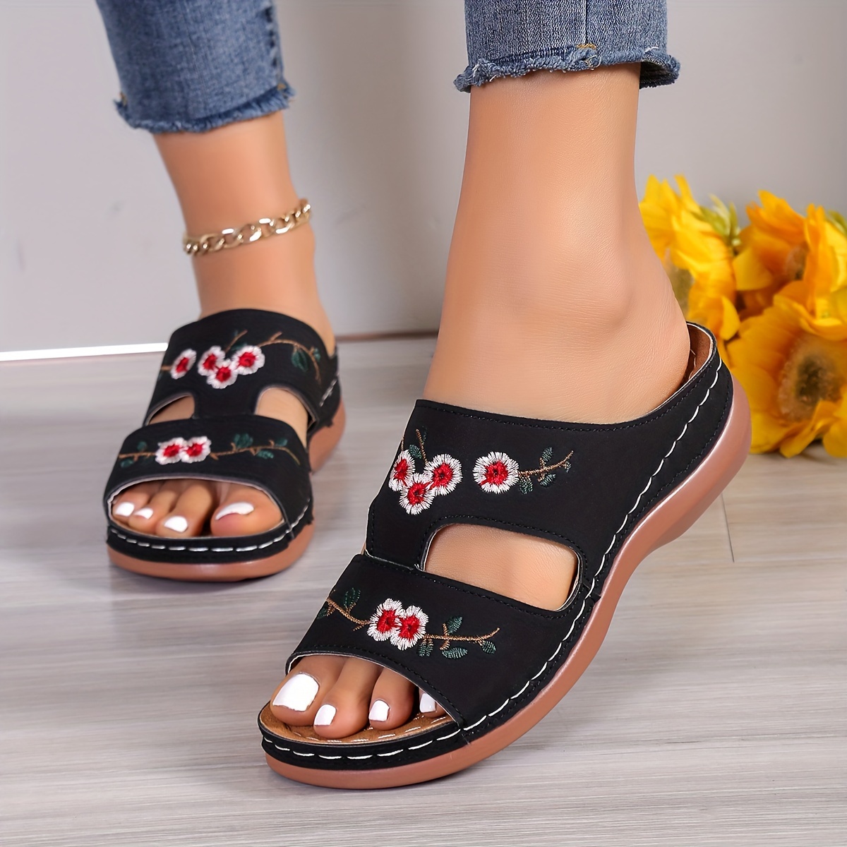 womens flower pattern wedge sandals casual open toe summer shoes comfortable slip on sandals details 4