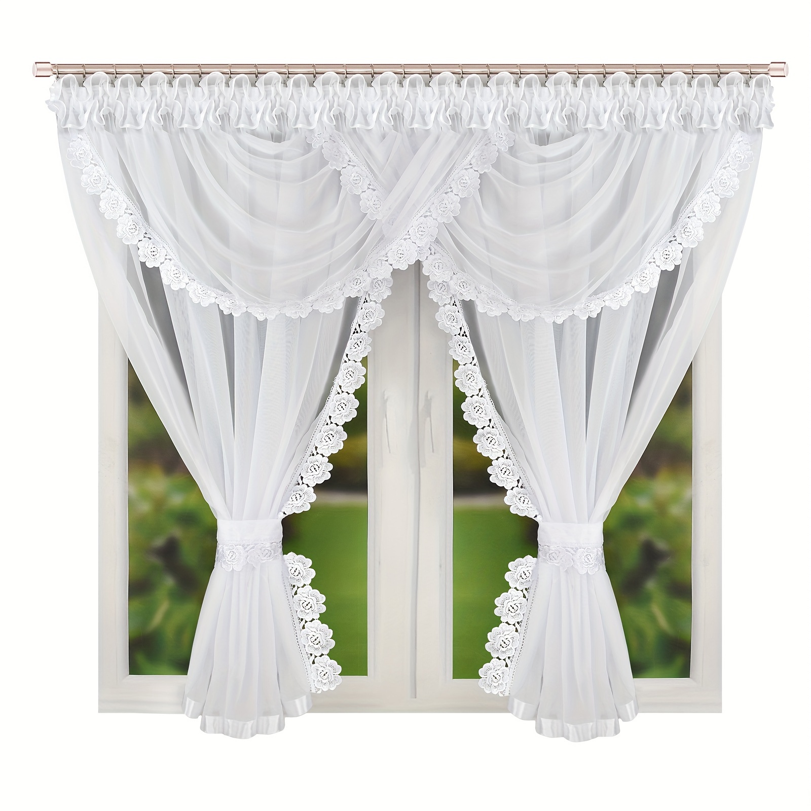 TEMU 1 Set Fhflyinghome Bohemian Sheer Gauze Curtain Panel Set With Rose Edge & Wave Pleated Top - White/ Window Drapes For Bedroom, Living Room,