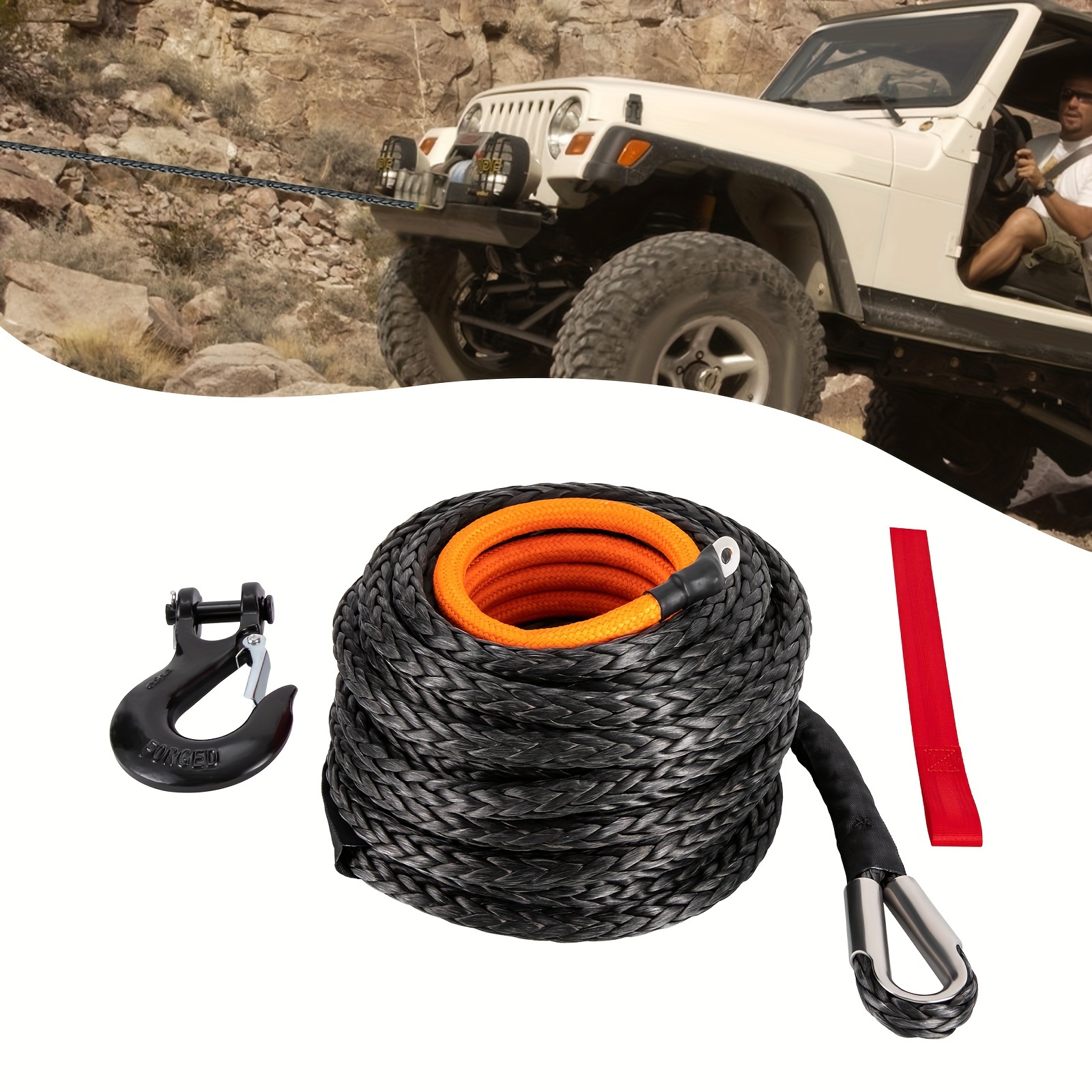 

9/16"x76' Synthetic Winch Rope With Hook Protective Sleeve Car Tow Recovery Cable For 4wd Off-road Vehicle Truck Atv Utv Suv 35000 Lbs Breaking Strength (orange)