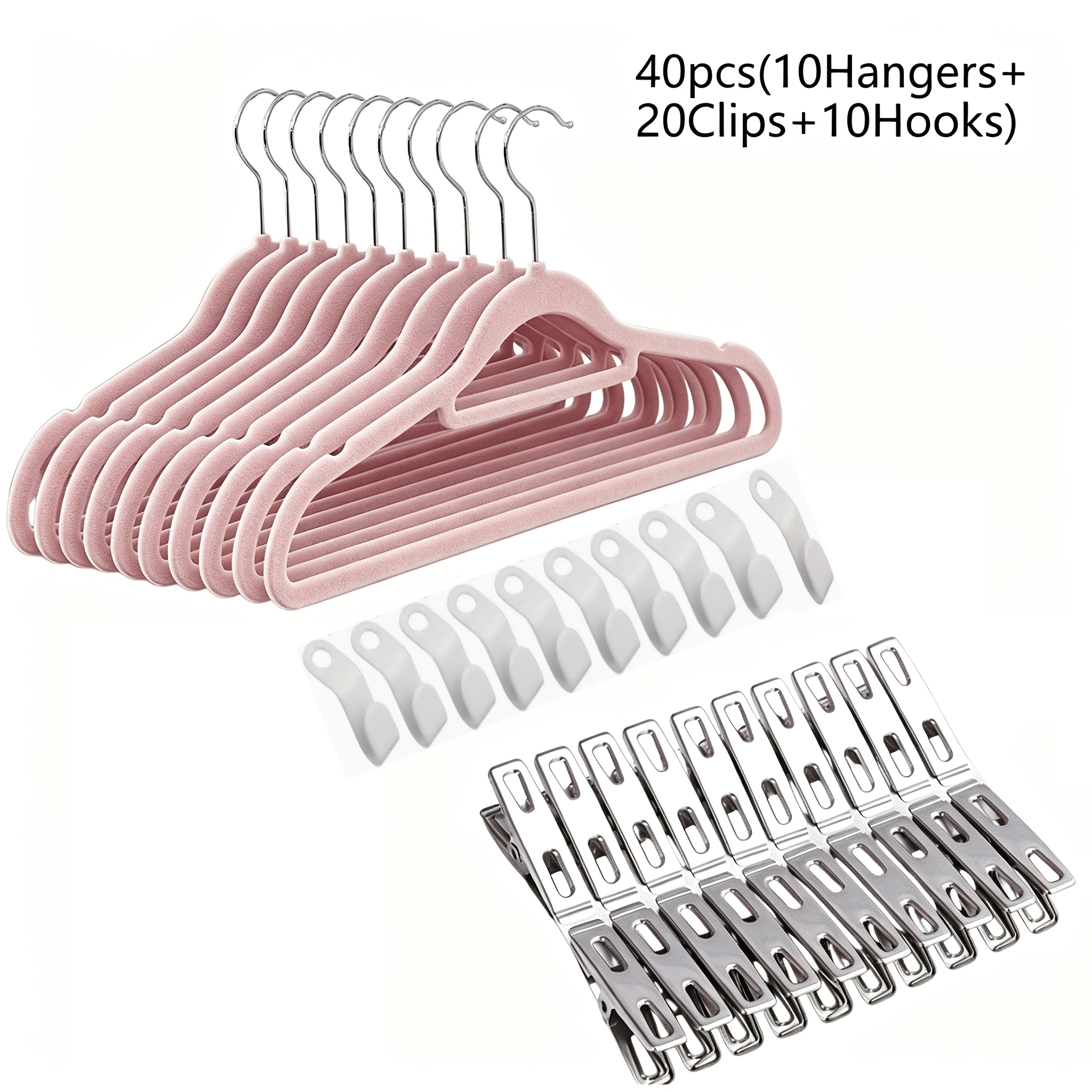 TEMU 40pcs Set: 10 Hangers + 20 Clips + 10 Hooks / Velvet Stackable Hangers, Non-slip Space-saving Felt Hangers With Tiered Hooks, Ultra-thin Hooks,