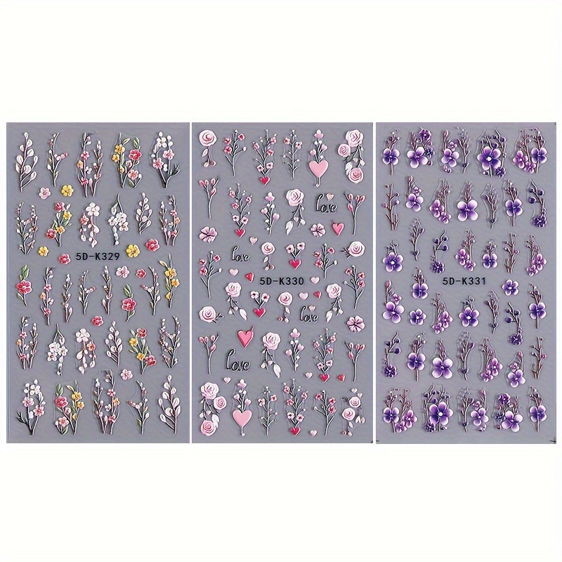 3 Sheets 5d Embossed Floral Nail Art Stickers - Valentine's Day Rose Daisy , Self-adhesive Decals With Vibrant Colors, Diy Nail Decorations For Women & S, Flower Nail Stickers, Intricate Detailing