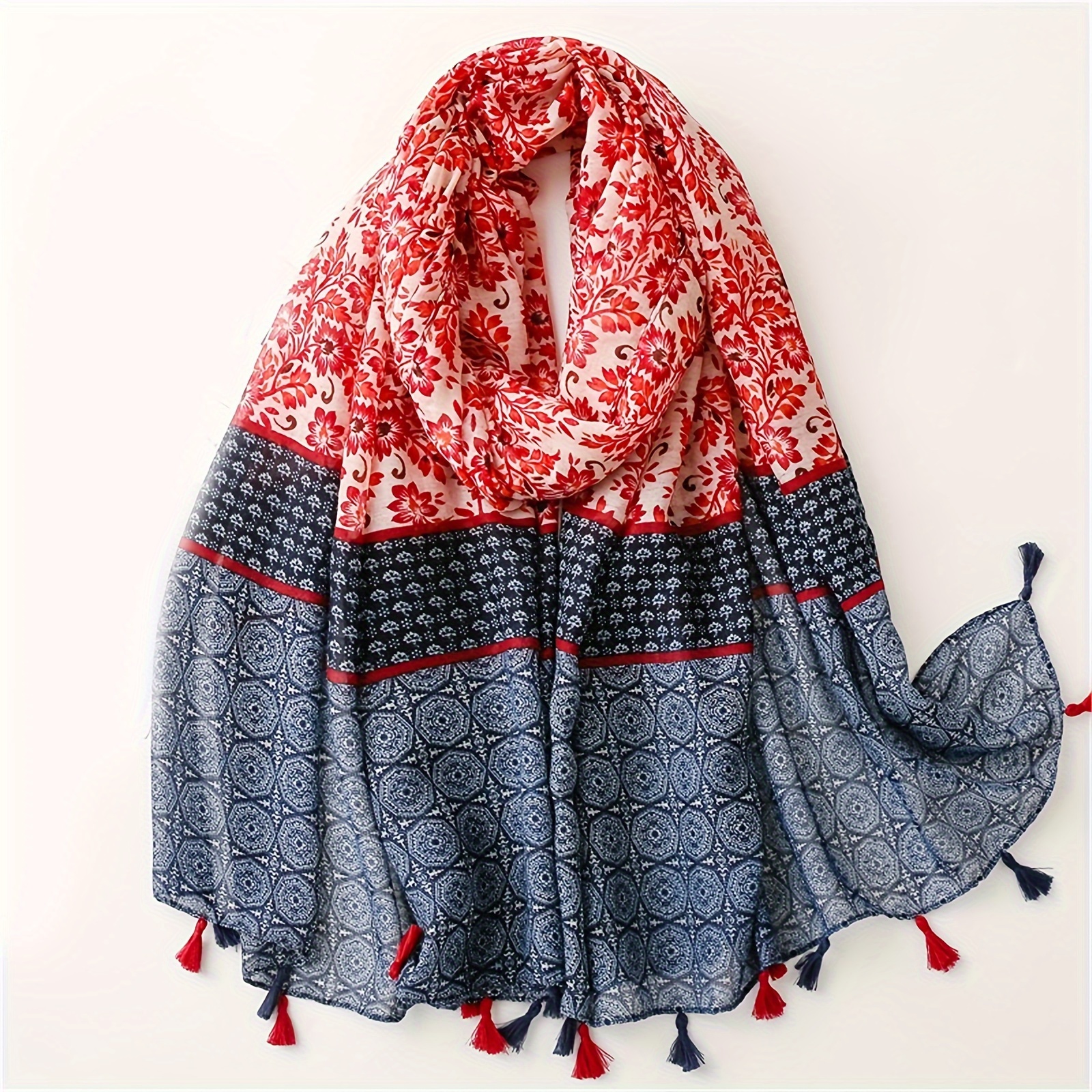 

1pc Color Block Printed Scarf For Women, Soft Thin Breathable Shawl, Casual Windproof Beach Wrap With Tassels