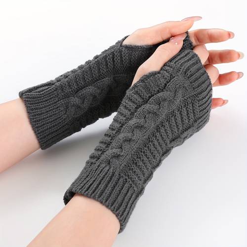 unisex acrylic knit fingerless gloves solid color warm outdoor arm warmer with cable knit design with hand washable for mature occasions