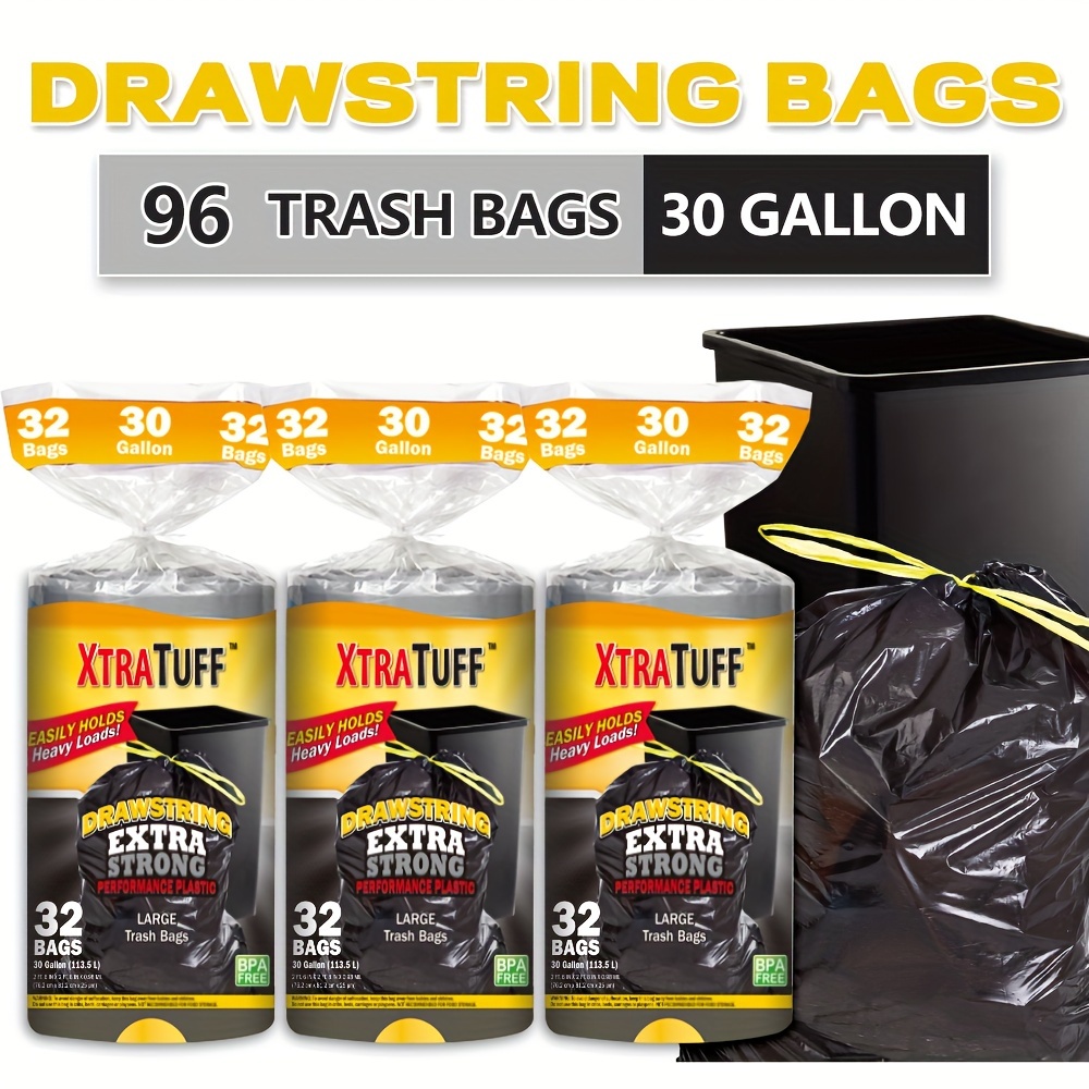 

96 Bags 30 Gallon Black Disposable Large Drawstring Trash Bags For Large Kitchen Trash Can, 96 Count 113.5l Multipurpose Cleaning Supplies For Industrial, Garden, Home, Commercial - , Leak-proof,