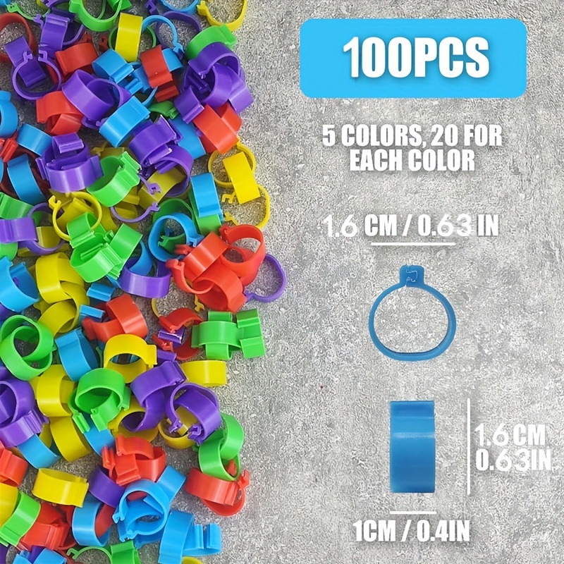 E-shop 100 Stück Bunte Hühnerbeinbänder - 16mm Clip-On Geflügel-Identifikationsringe, Langlebiger Kunststoff, Einfach zu Verwenden für & Städtische