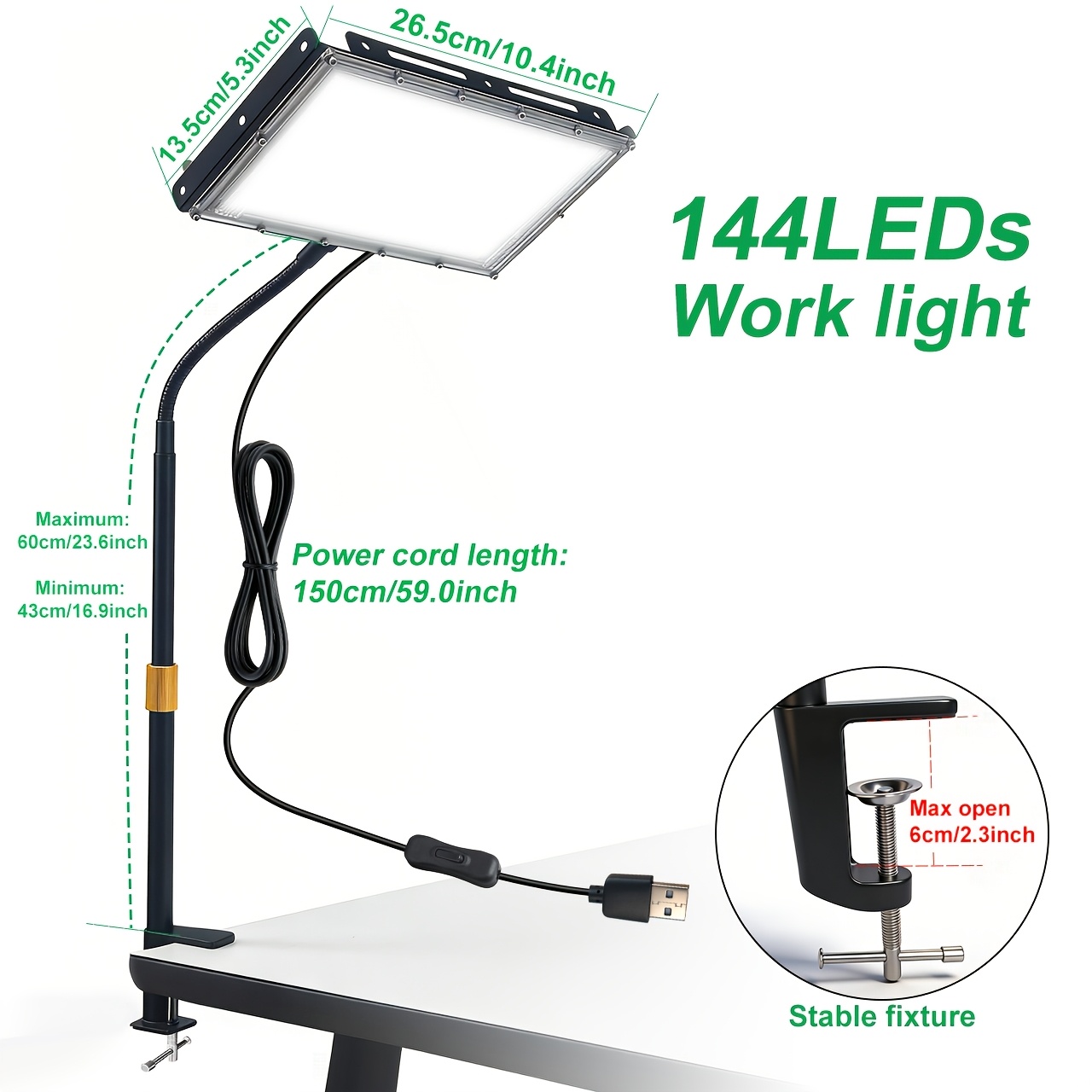 Clamp-Style USB LED Workbench Lamp with Adjustable Height and Angle