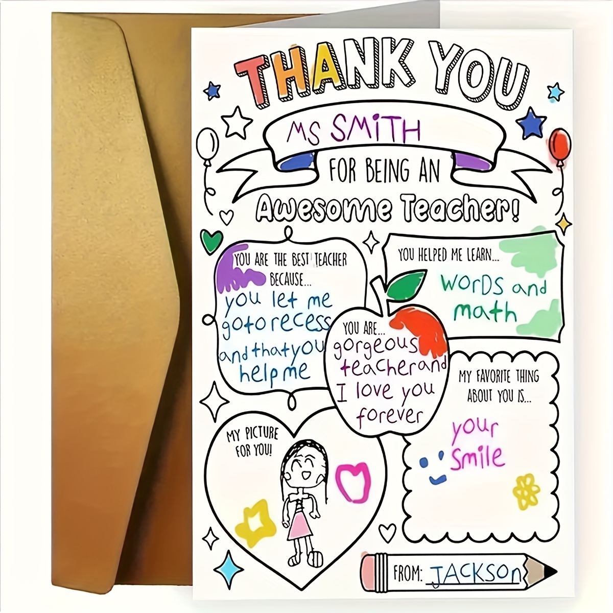 

Creative Teacher Appreciation Greeting Card With Personalized Thank You Message And Colorable Design - Perfect Gift For Teacher's Day Or Birthday - High-quality Linen Cardstock - From Students