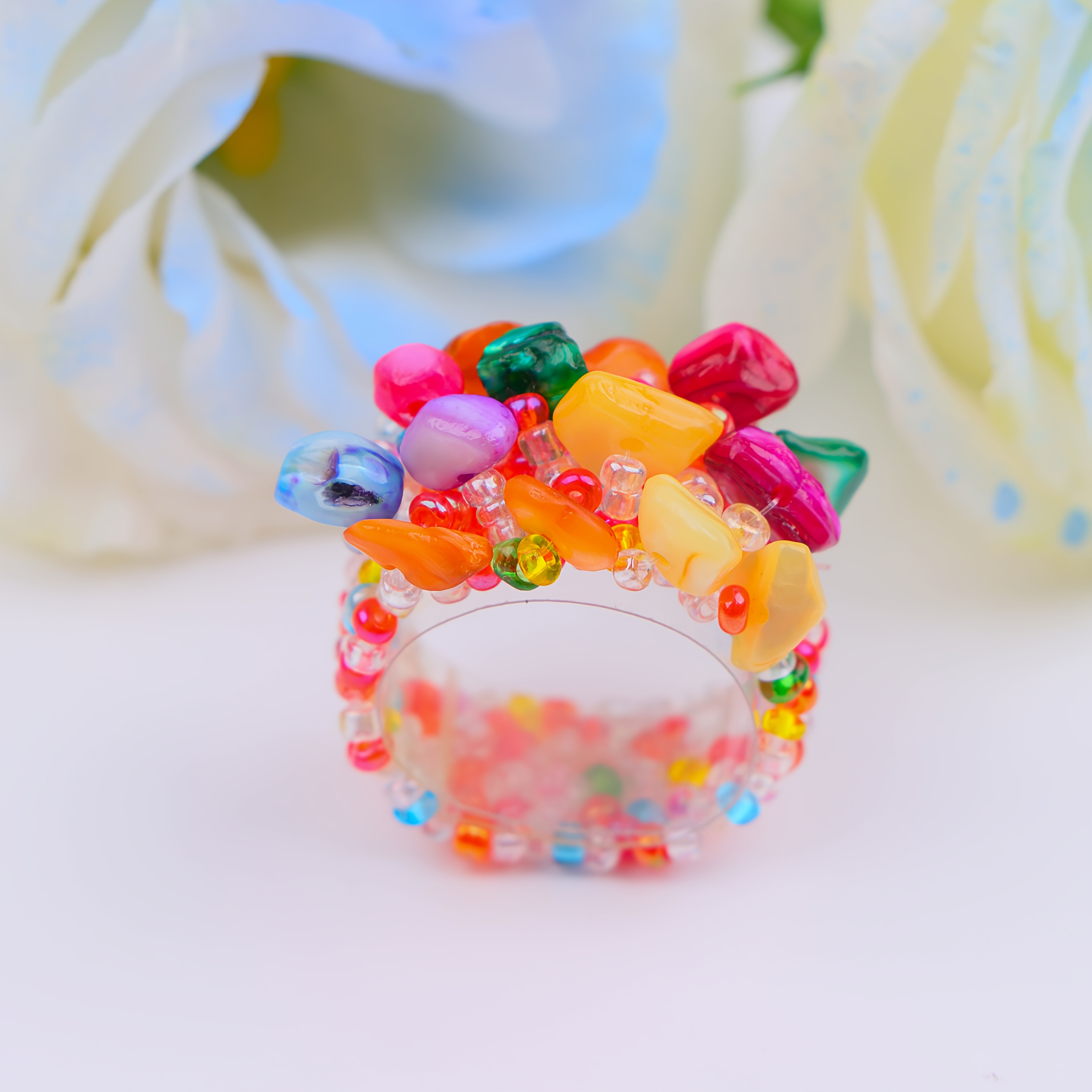 Image of 1pc Bohemian Handmade Elastic Ring With Colorful Rice Beads & Crushed Stone Vibrant Ethnic Style Jewelry For Women, Perfect For Parties, Vacations & Casual Attire,suitable For Men And Women