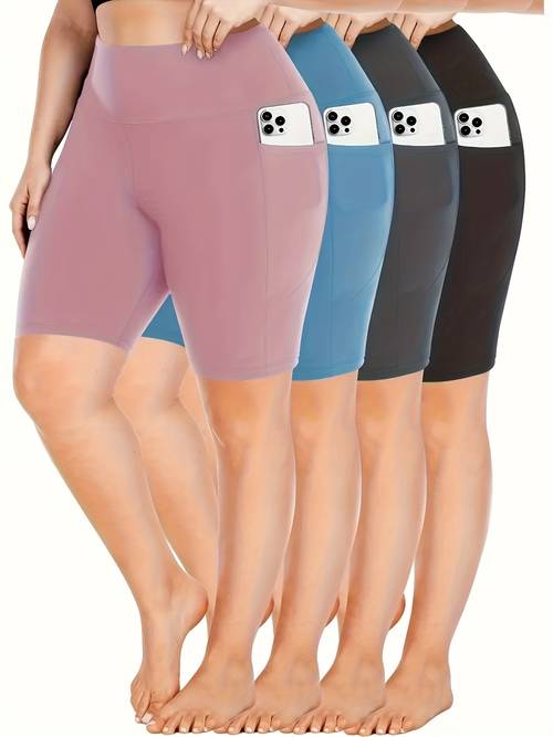 4 pack womens plus size high waist 5 inch shorts stretchy stretch athletic casual shorts with side pockets paw elastic waistband solid black for summer workouts lounge workout shorts lounge wear versatile apparel opaque coverage