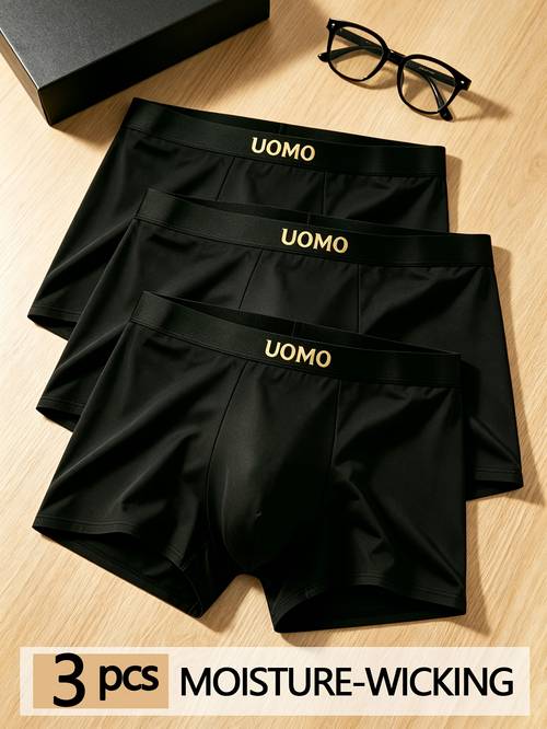 imagen del artículo (celulosa) 3 piezas ropa interior de lujo para hombre, color negro puro, con estampado de calentamiento en la cintura, elasticidad y que es agradable y no abotona, cómoda y transpirable, ideal para el desplazamiento y