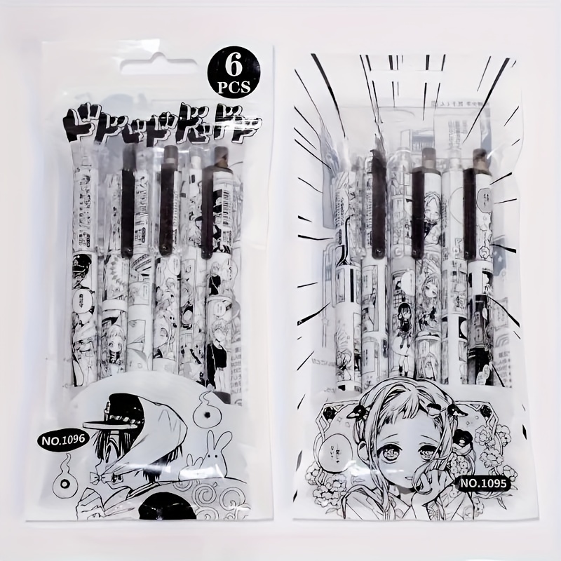 

6-piece Set Anime-inspired Gel Rollerball Pens, Fine Point 0.5mm, Quick-drying Black Ink, Retractable Sign Pens With Manga Designs