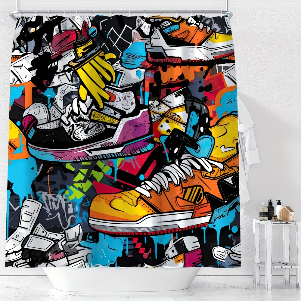 

1pc Trendy Graffiti Sneaker Print Shower Curtain - Waterproof, Machine Washable With Hooks Included - Perfect For All Seasons
