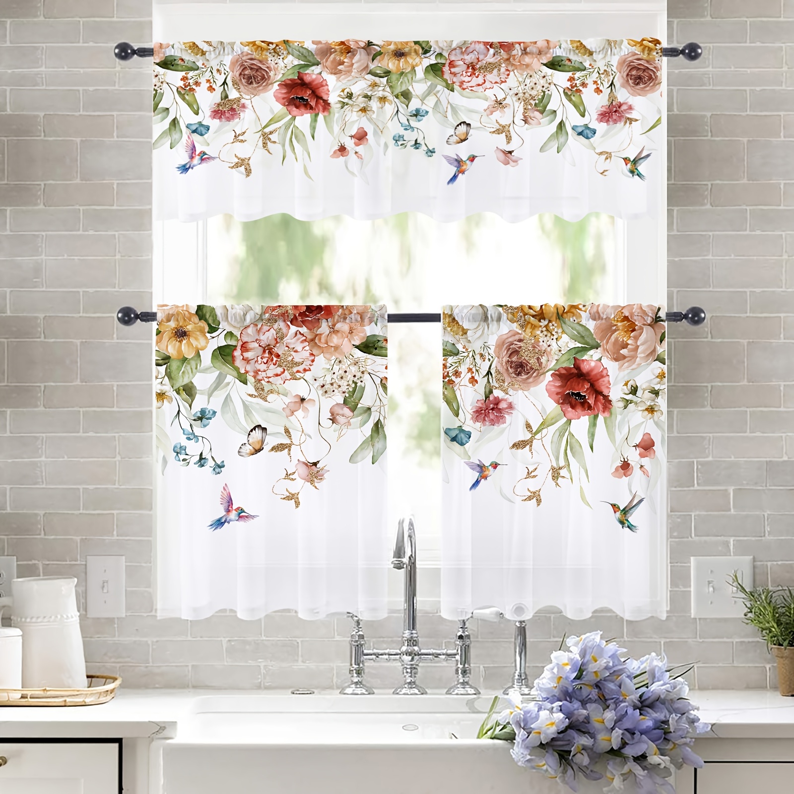 

1pc Floral Valance And 2pcs Sheer Curtains Set, Twill Weave Polyester With , Rod Pocket Window Drapes For Kitchen, Bedroom, Living Room - Bird Theme, Semi-sheer, Woven, 90-100gsm