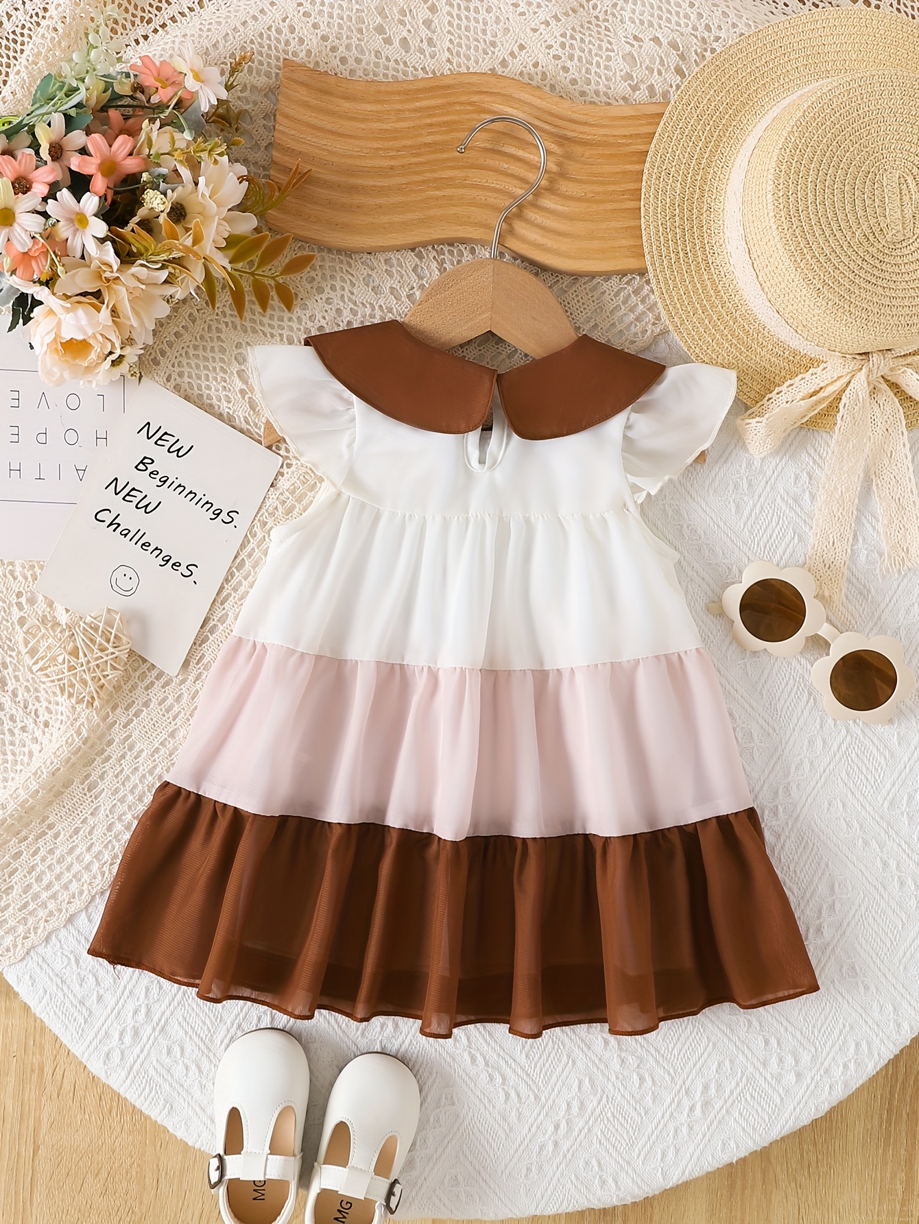 Baby Girl's Floral-like three-color dress Soft Pastel Beige/White/Brown  outfit, Machine Washable Everyday Party Wear for Toddlers, Spring/Summer C