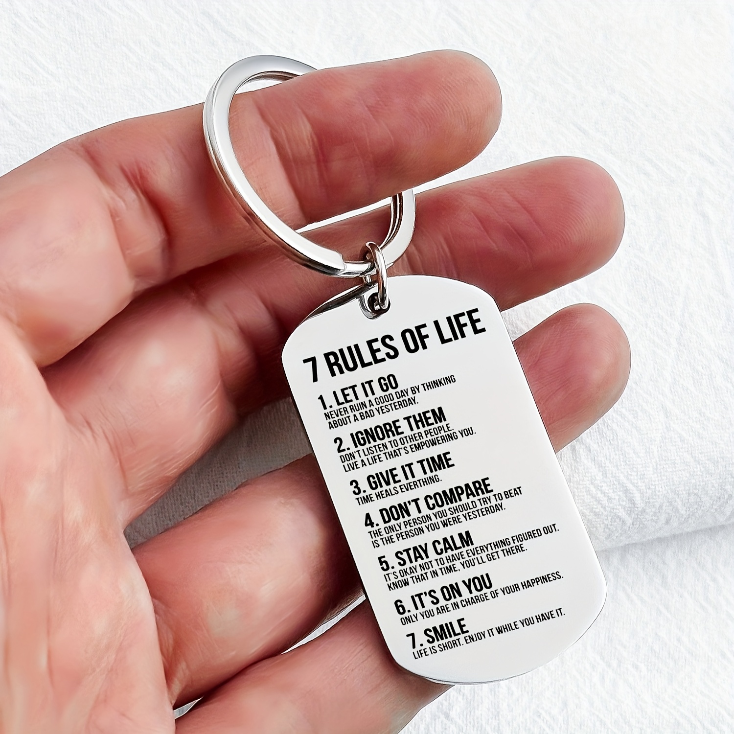 TEMU 1 Stainless Steel Military Tag Keychain Engraved With The Inspirational Quote "7 Rules Of Life", Reminding Yourself To The Rules To Become An Version Of Yourself Day