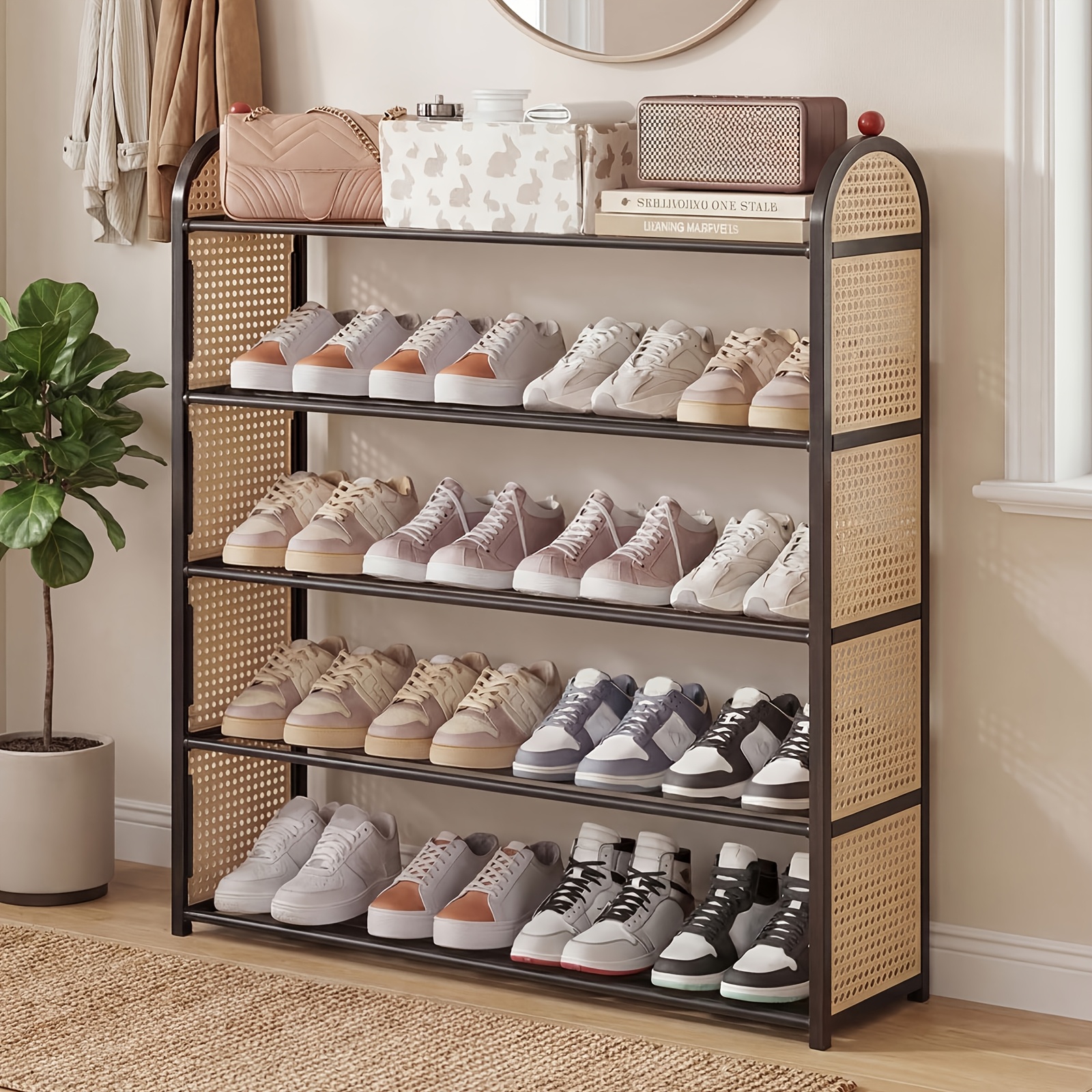 Image of 1pc 5-tier 81cm Shoe Racks, Rattan-style Side Panel Freestanding Large Capacity Shoe Organizer, For Entryway, Hallway, Bedroom, Closet, Small Apartment, Space- Multi-tier Shoe Storage Shelf