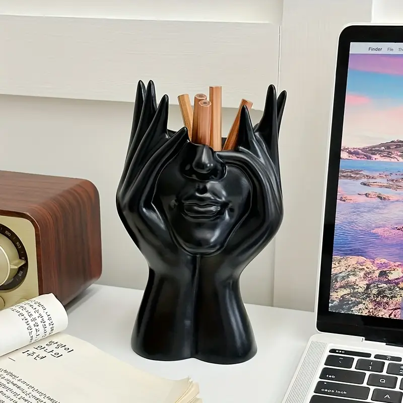 1pc multifunctional facial holder makeup brush organizer creative artistic decorative home office bathroom vanity storage box durable resin material desktop organizer for makeup supplies no power required Product details 2