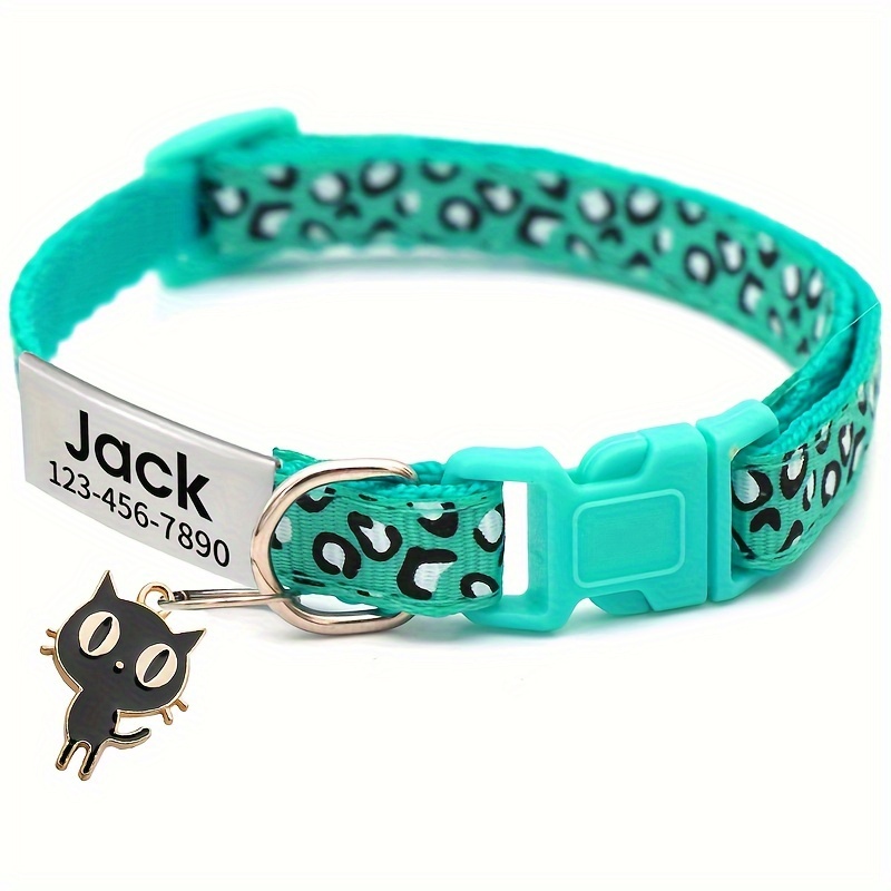 TEMU Personalized Collar With Custom Engraved Name & Black Cat Pendant - Leopard Print & Colorful Patterns, Durable Polyester Pet Id Tag - Perfect
