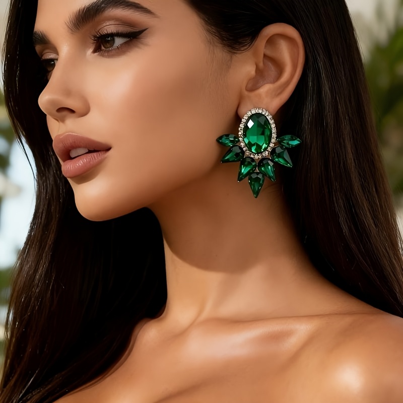 Trendy Green Rhinestone Geometric Stud Earrings, Bold Fashion Statement