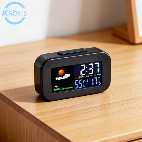 bedroom alarm clock with cute weather icon real time temperature and humidity monitoring large function auto dimming suitable for bedside and desk use batteries not included