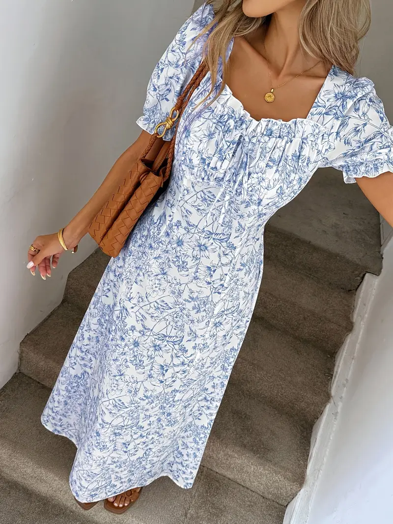 square neck short sleeve ruched floral midi dress Square Neck Short Sleeve Ruched Floral Midi Dress