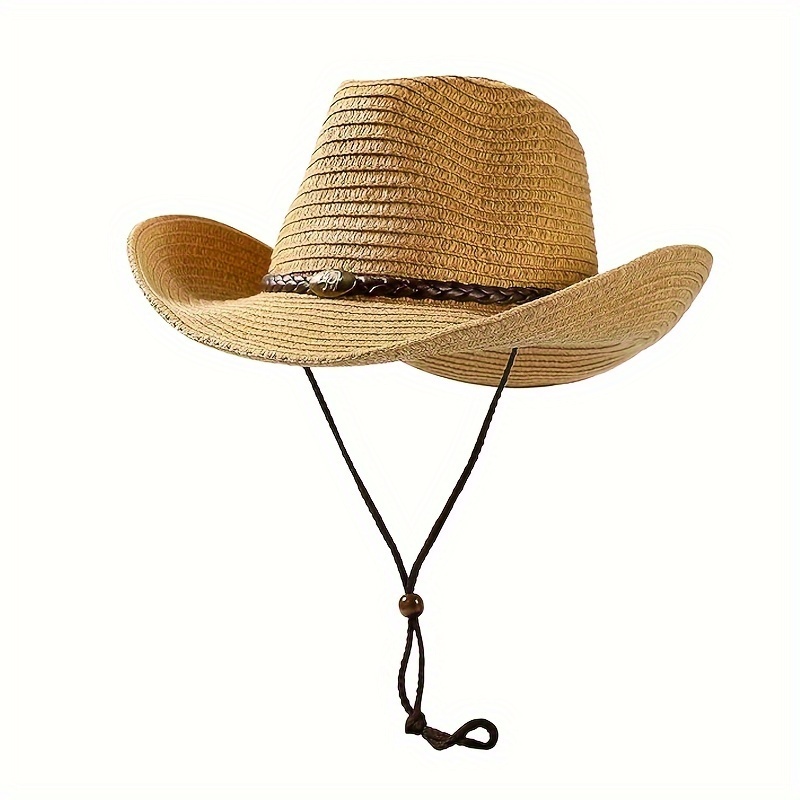 Western Style Boonie Hat Monochrome Rolled Edge Straw Hat Summer Beach Cowboy Cowgirl Beach Hats,SUN/UV Protection,Temu