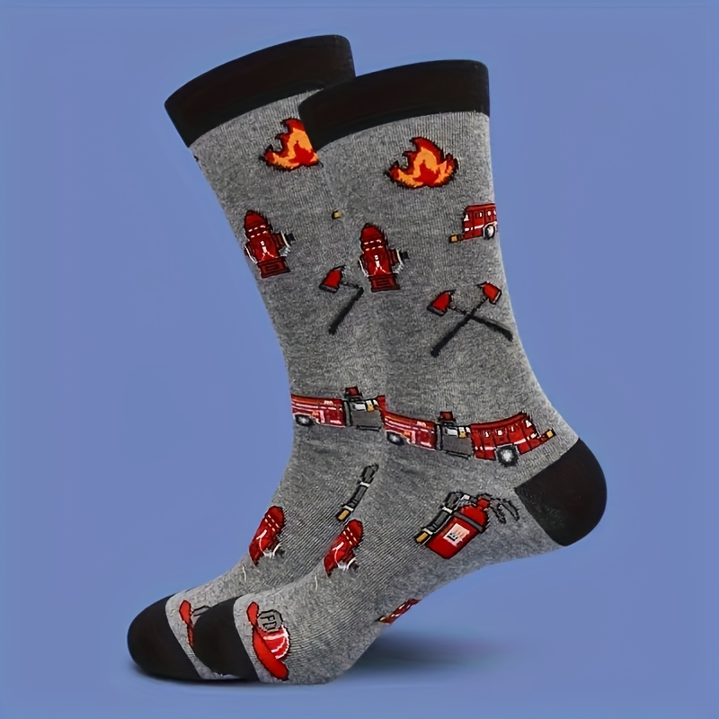 1 Pair Of Fun Firefighter Print Socks Comfortable Breathable Mid-tube Socks Gift Socks