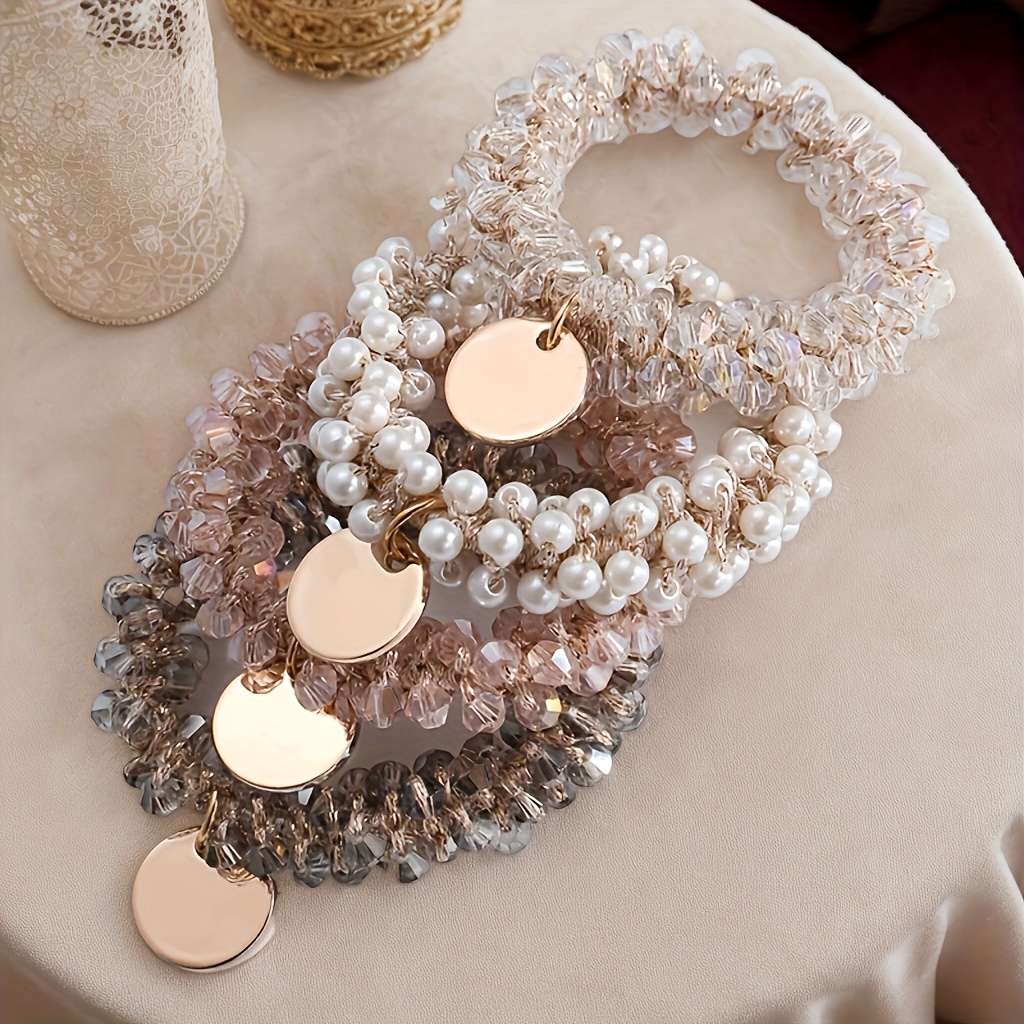 Image of An Elegant Set Of 4 Pearl And Ties - Vintage Style Elastic Ponytail Holders, Suitable For Thick Or Fine Hair, Recommended 14 And Up