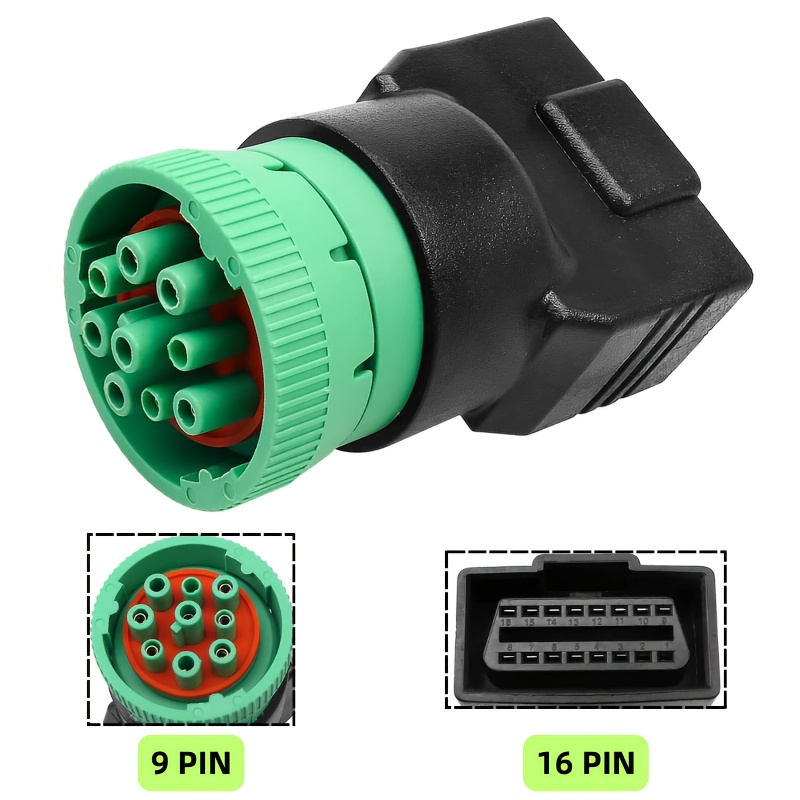TEMU Green Type 1 J1939 9-pin To 16-pin Diagnostic Adapter, For Obd Fault And Data Reading , Construction Machinery, Ships, And Other Heavy-duty