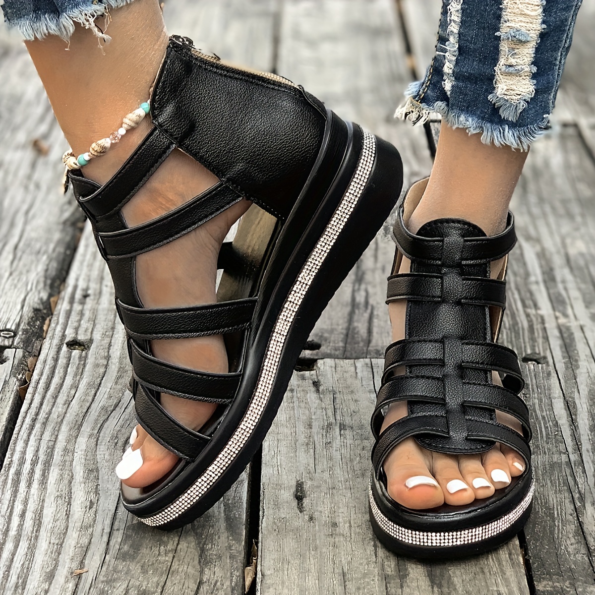 Sandales À Plateforme Pour Femmes, Fermeture Éclair Arrière, Semelle  Souple, Sandales de Marche À Petit Talon Compensé, Chaussures Confortables