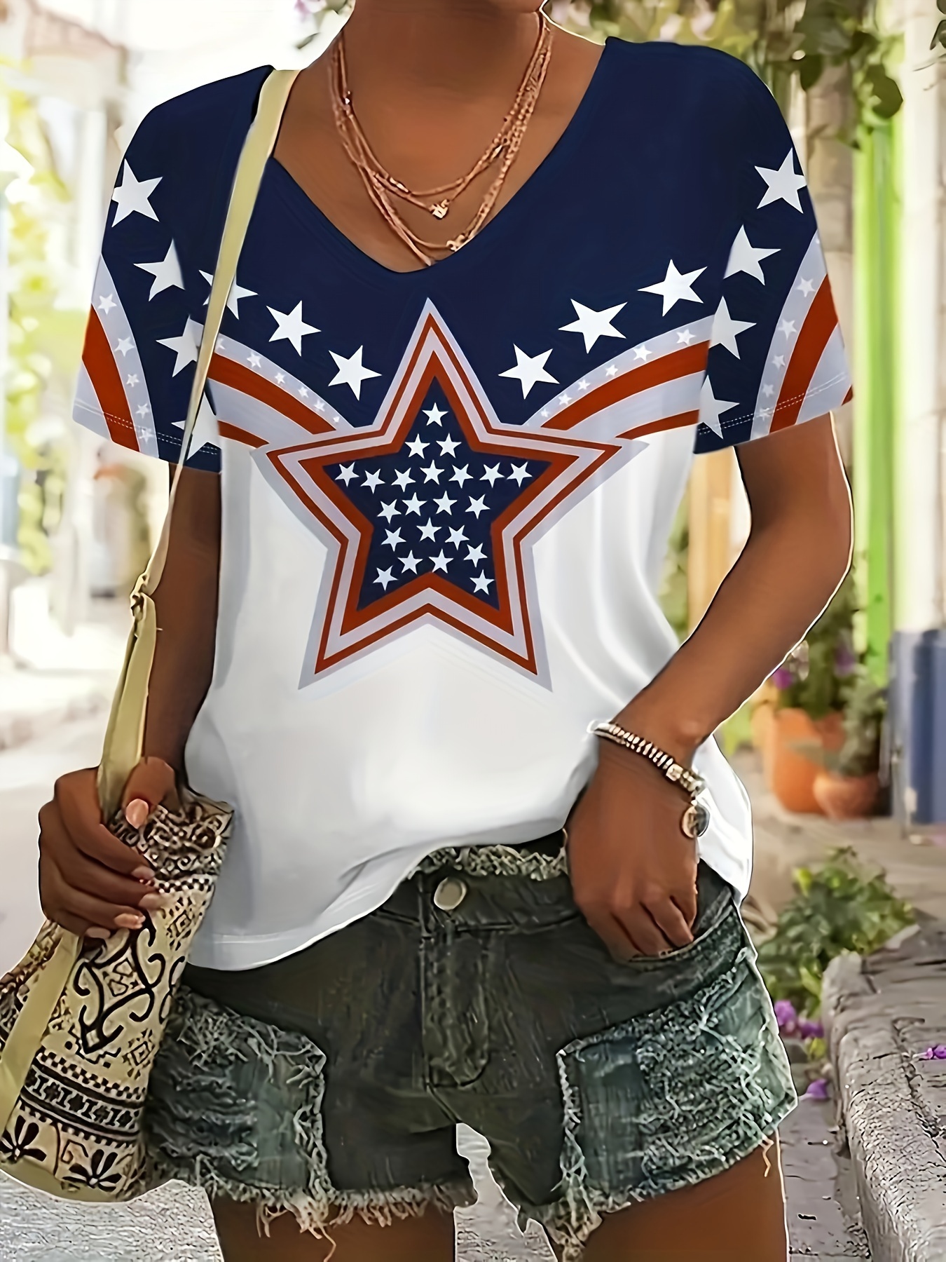Women's American Flag Bow T-Shirt - Patriotic 4th Of July Casual Tee