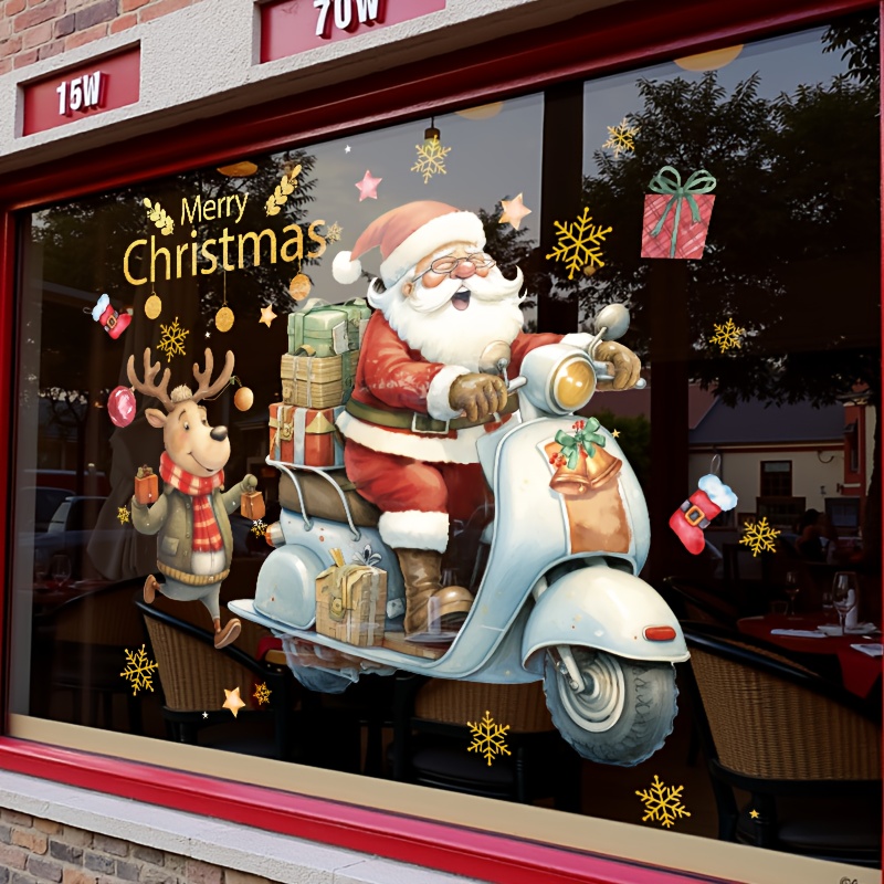 1 stuk Kerst Raamstickers met Statische Elektriciteit - Santa Claus, Scooter, Cadeaus, Vrolijk Kerstmis Tekst - Restvrij Verwijderbare PVC Tegels voor Thuis