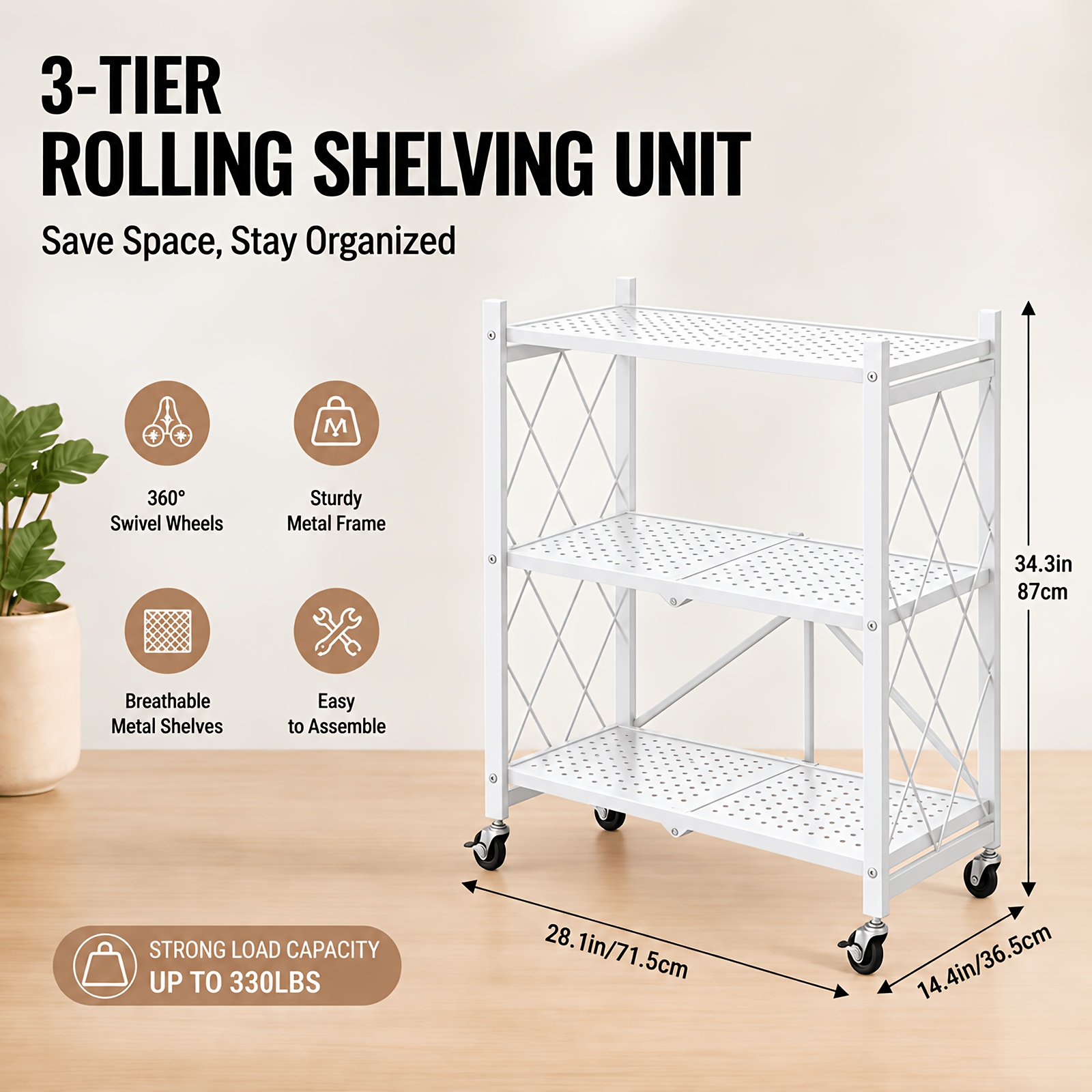 Image of 3-tier Heavy-duty Folding Storage Rack With Wheels () Spacious Vertical Storage, Durable Materials, No , And Stable; Suitable For Dining Rooms, Kitchens, Offices, Garages, Outdoor Areas, And More.