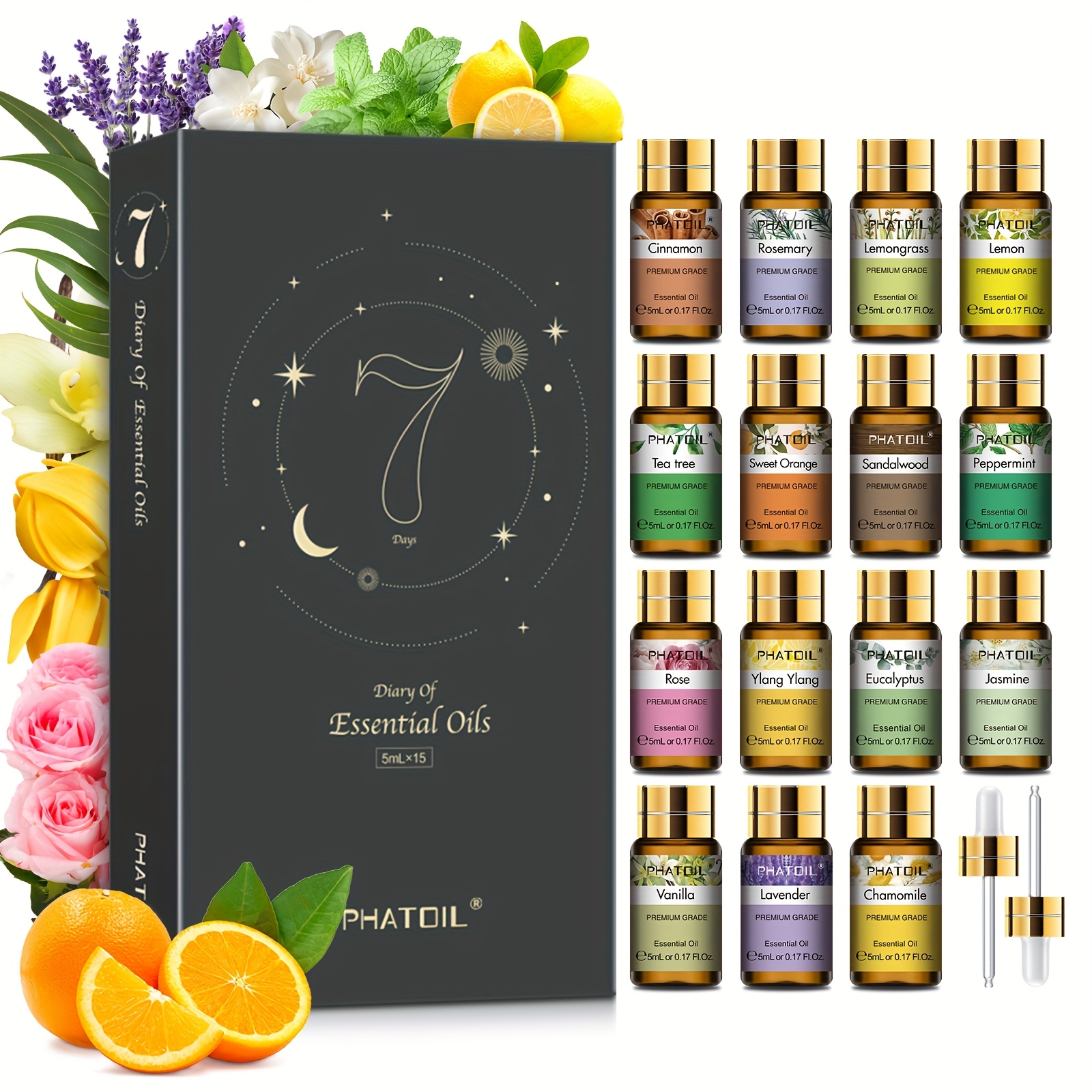 15pcs 5ml/0.17fl.oz Essential Oils Set - Alcohol-Free, for Diffusers, Humidifiers, Soap & Candle Making - Lavender, Peppermint, Eucalyptus & More - Perfect Gift for Adults, Candle Making|Aesthetic Oil Set|Durable Glass Bottles, Essential Oils for Diffusers