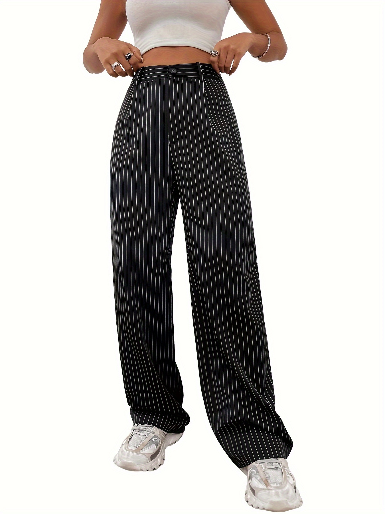 Solid High Waist Striped Ribbed Long Length Leggings Pants, Elegant Wide  Leg Slight Stretchy Pants, Women's Clothing