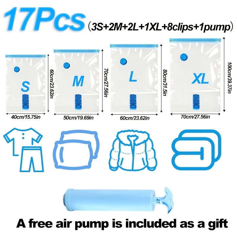 Image of 17pcs Set Vacuum Storage Bags With 1 Manual Pump (4 Sizes) – Portable Plastic Travel And Home Organizers For Blankets, Bedding, Clothes, Quilts And Duvets. Essential Space- Storage Supplies For