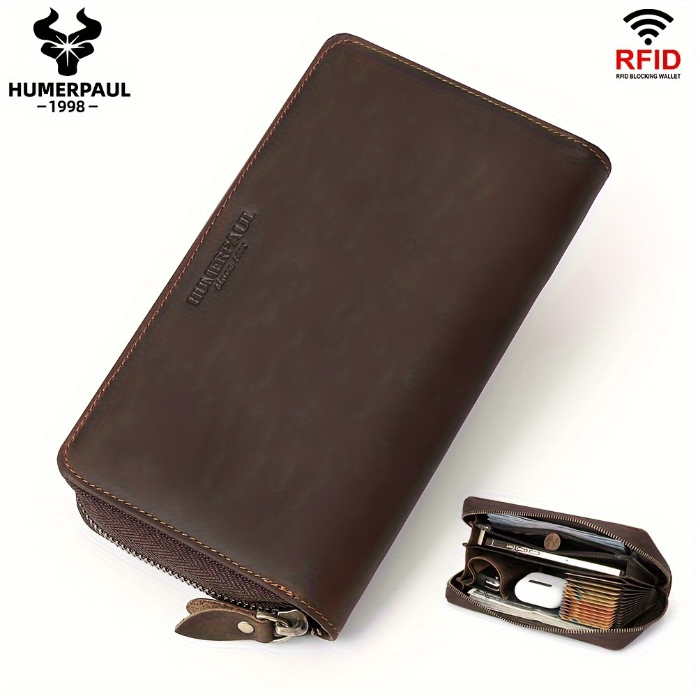 högkvalitativ läderplånbok för män - rfid-blockerande lång plånbok med dragkedja med 13 kortplatser, myntfack, nyckel- och telefonhållare - enfärgad, vintage-stil, enkel design med dragsnöre - - bags & luggage - Temu Sweden