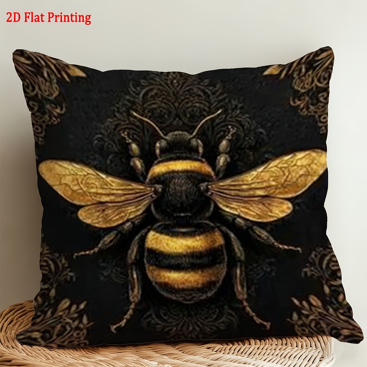 TEMU 1pc Bee-themed Cushion Cover Suitable For Bedroom & Living Room Decor, Retro Pillowcase With Zipper Closure, Double-sided Bee, Machine Washable