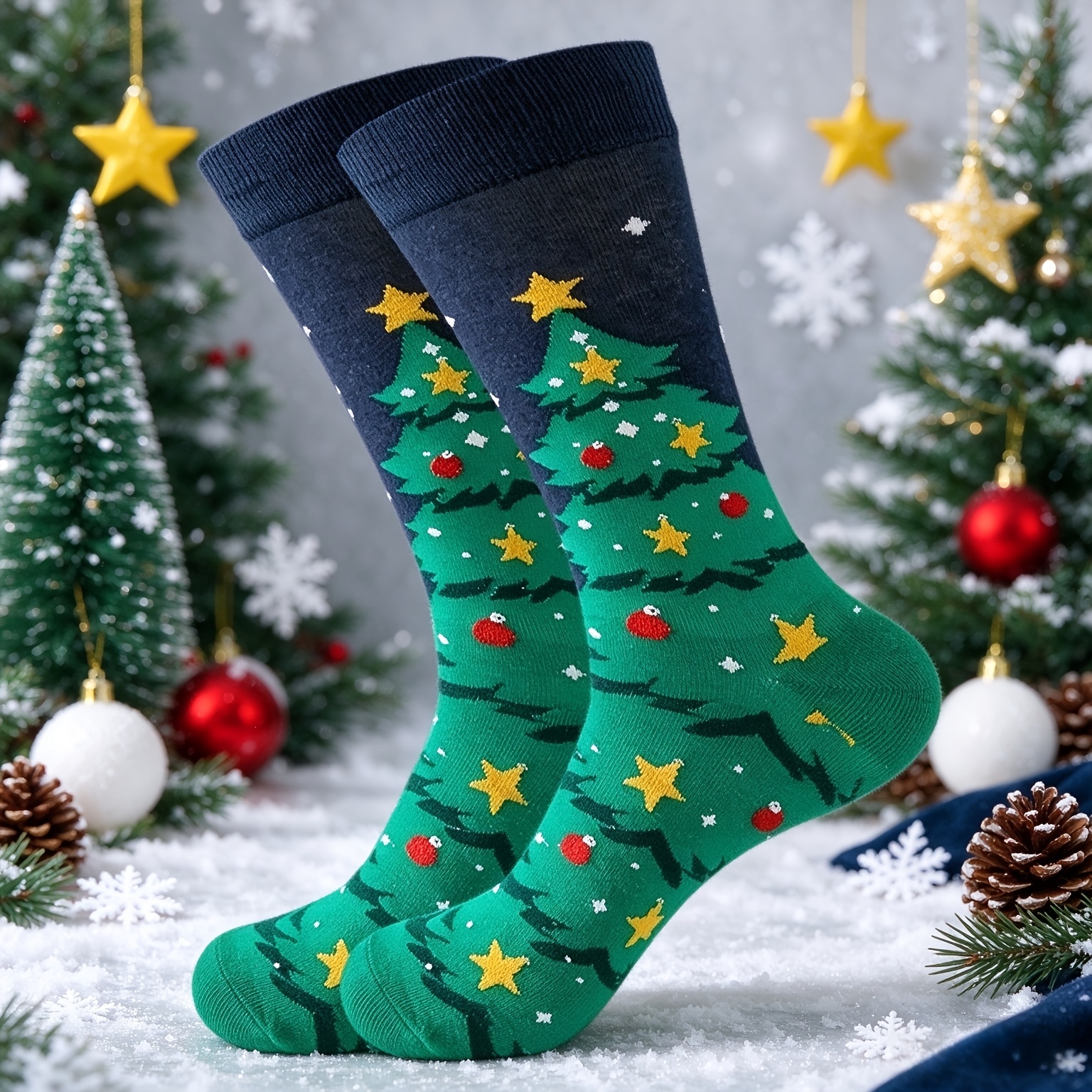 TEMU 1 Pair Christmas Tree Mid-calf Socks, Men's Couple Unisex, Breathable Comfortable Style Unisex Socks For Men's Outdoor Wear , Men's New Year Fun