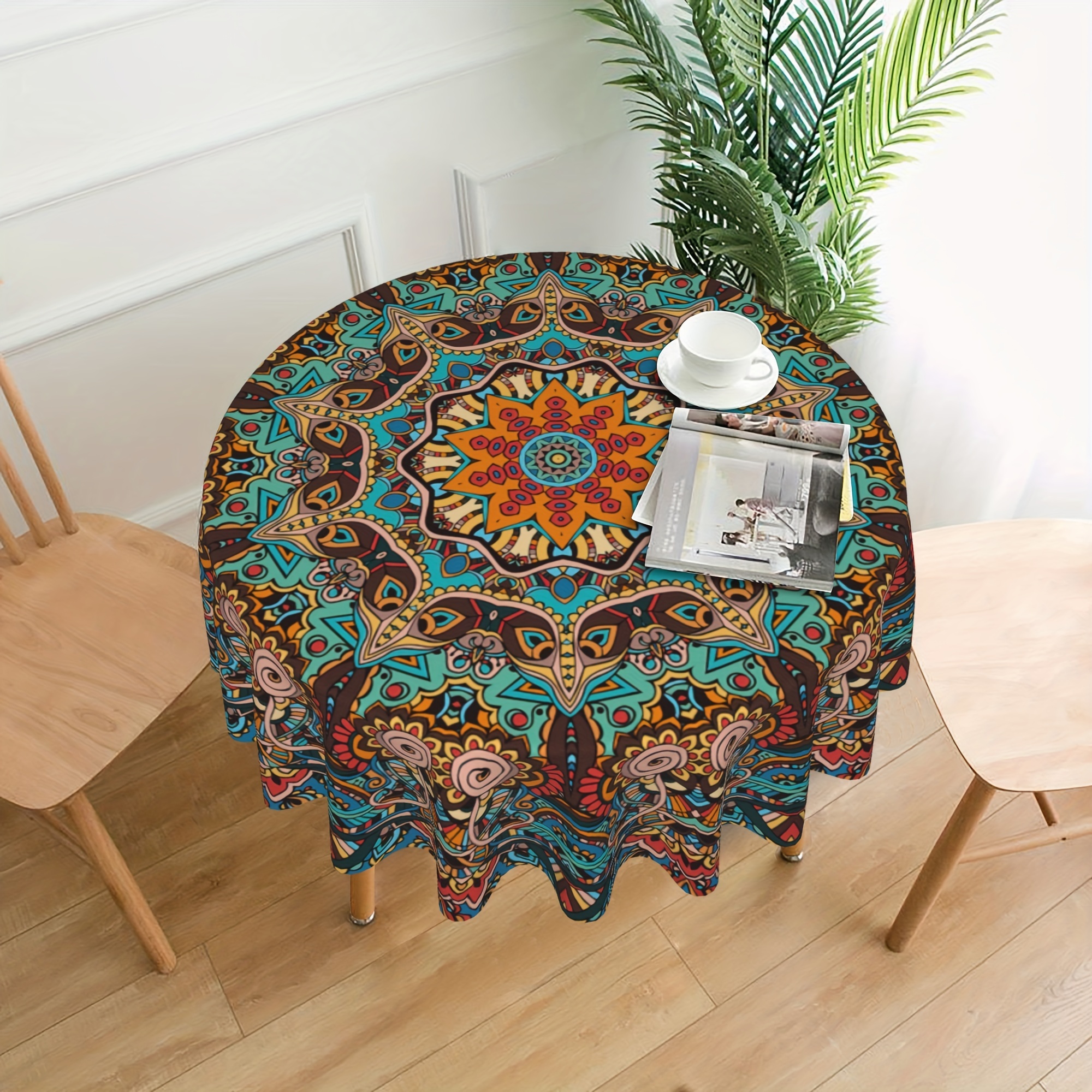 TEMU 1pc Mandala Round Tablecloth, Waterproof Colorful Circular Patio Dining Table Cover, Boho Cloths Covers For Picnic Mat, Home Kitchen Decoration, 60 Inch