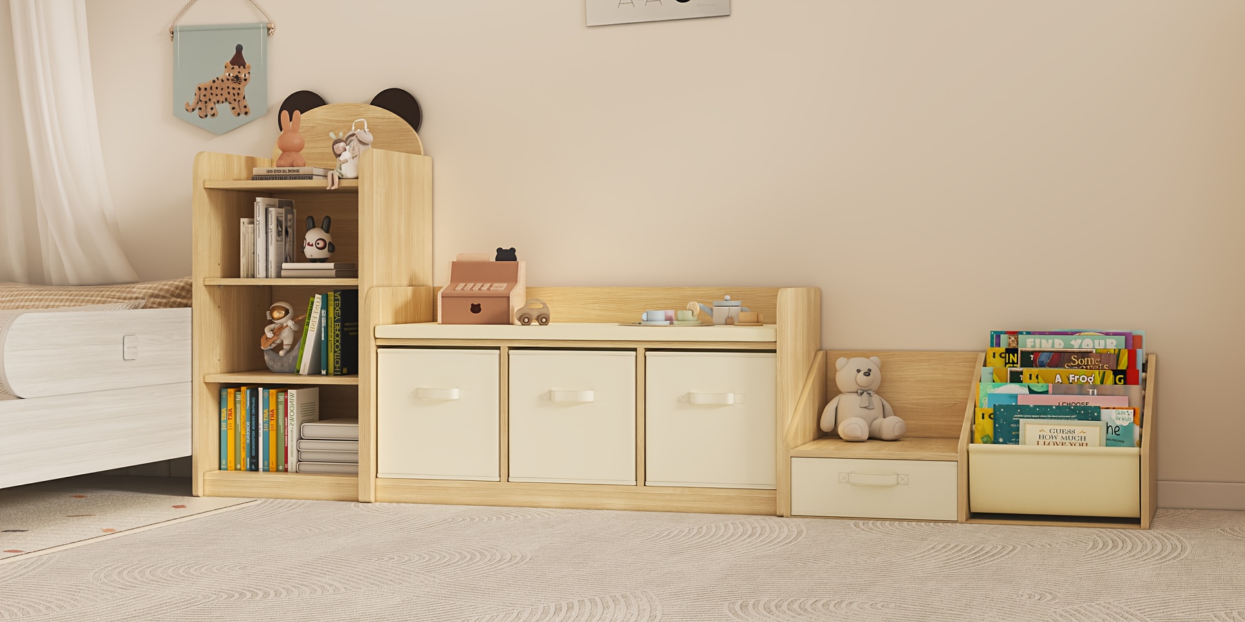 ! 5-Pocket Fabric Toddler Bookshelf + Drawer, Easy Assembly, Nursery & Playroom Reading Corner Storage Must-Have, Limited Time Offer