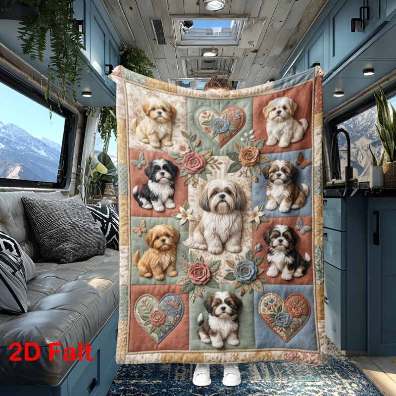 TEMU Vintage Floral And Shih Tzu Design Blanket, 2d Flat Print, Soft And Comfortable, A Holiday Gift For
