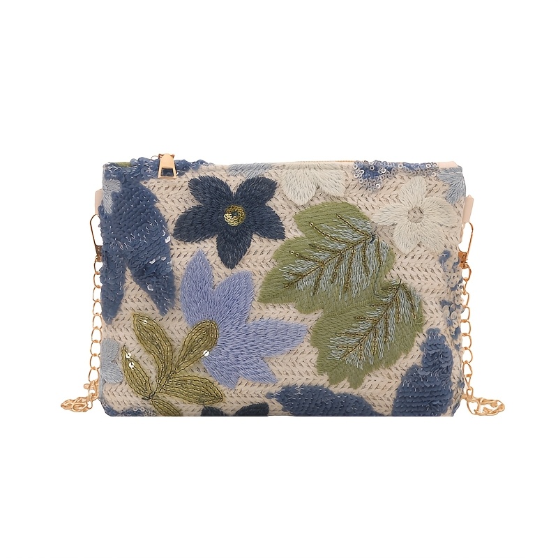 TEMU 2025 New Women's Woven Handbag, Embroidered Sequin Envelope Bag, European And American Niche Straw Bag