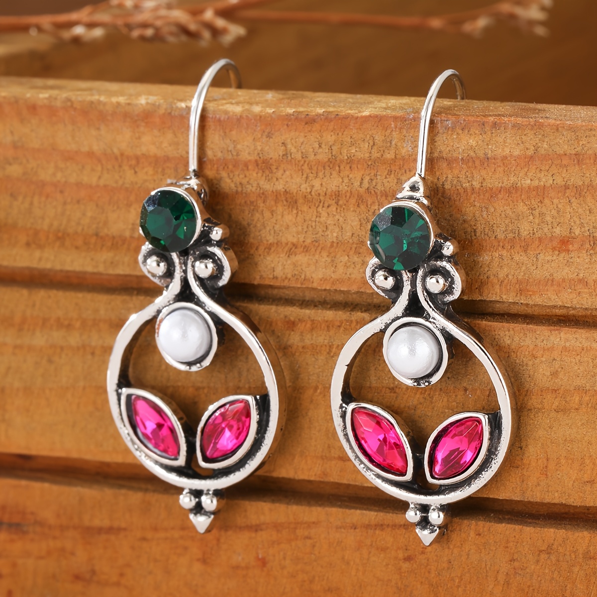 TEMU Vintage-style Distressed Openwork Teardrop Green And Pink Synthetic Synthetic Zirconia Combination Women's Earrings, Suitable For Parties, ,