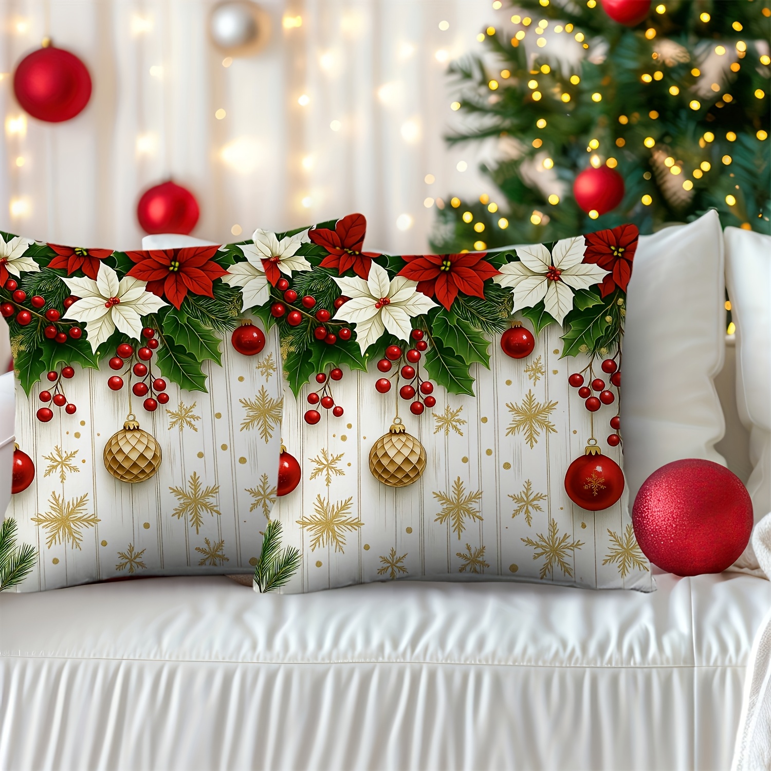 TEMU 2d Flat - Christmas Poinsettia Golden Snowflake Red Berries Throw Pillow Covers 2-pack, 2d Double-sided Printed Decorative Cushion Covers, Xmas