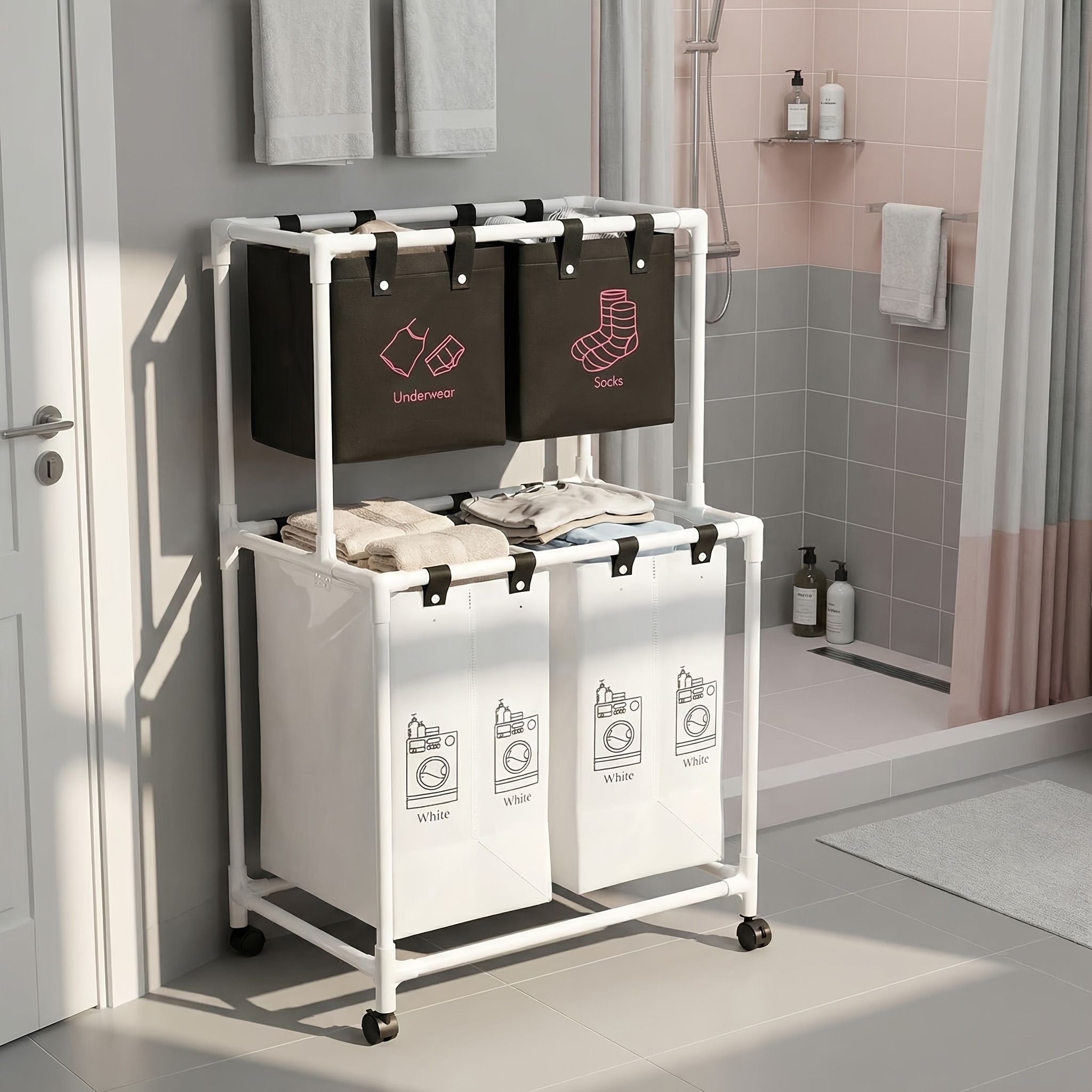 TEMU Panier à linge avec trieur, double couche, équipé de 2 sacs à suspendre et 2 seaux, avec roulettes, noir/blanc, panier à linge, à linge