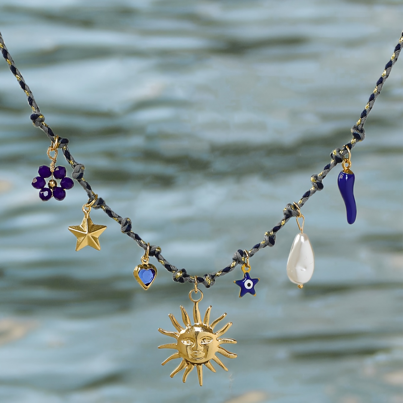 Image of 1pc Hand-woven Rope Alloy Enameled Beaded Pendant Necklace, Fashionable And Unique Royal Blue Sun Chili Pepper Flower Evil Eye Pendant Necklace, Bohemian Vintage Style Gift Necklace