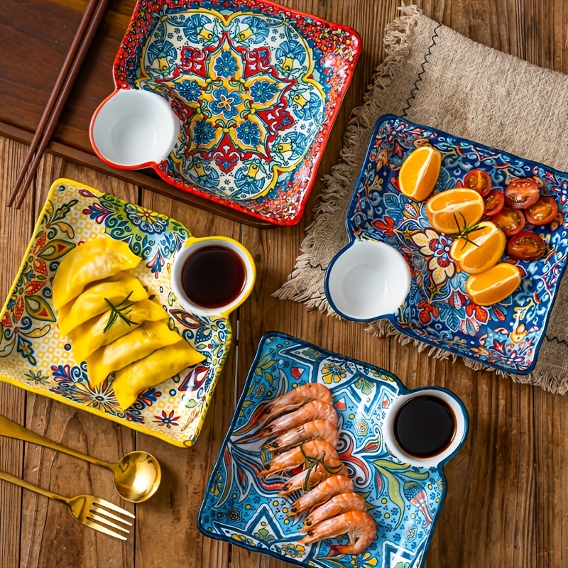 

Bohemian Style Ceramic Dinner Plates Set Of 4, Rectangular Serving Dishes With Sauce Dip Section For Dumplings, Fruit & Breakfast - Elegant Tableware Collection