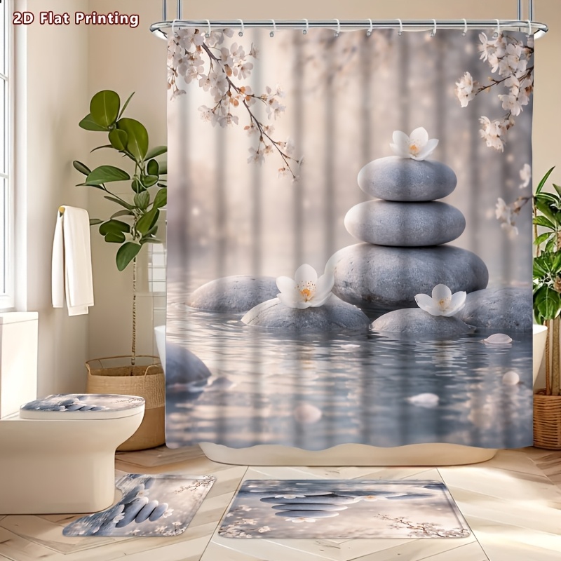 4pcs Zen Sakura Shower Curtain Set with Bath Mat